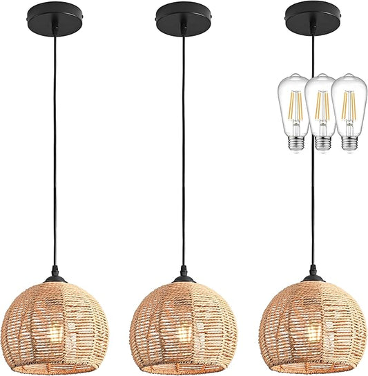 3 Pack Wicker Pendant Light Natural Woven Pendant Light Boho Chandelier Light Fixture Dome Rustic Farmhouse Pendant Lights Rattan Light Fixture for Dining Room Kitchen Island (Bulb Incl.)