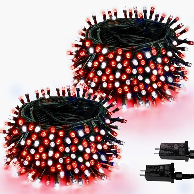 2 Pack 66FT 200 LED Red and White Christmas String Lights Indoor Outdoor, 13 Modes Extendable Christmas Tree Lights with Timer & Memory, Waterproof Twinkle Xmas Lights for Tree Holiday Party Garden