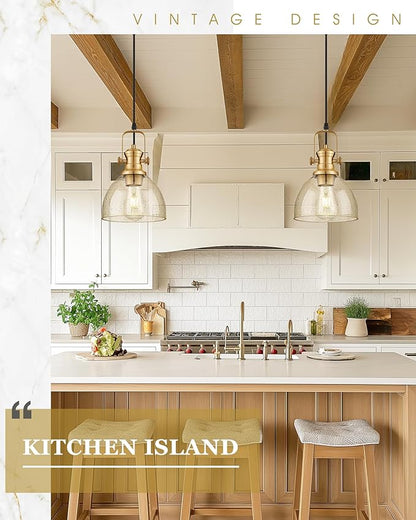 Pendant Lights Kitchen Island, 7.5" Farmhouse Pendant Lighting with Amber Seeded Glass Shade, Vintage Hanging Light Fixtures for Dining Room, Brushed Gold, AD-22151-1P-GD-OR