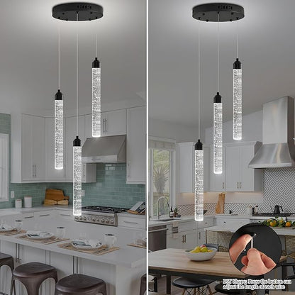 Crystal Kitchen Island Chandelier, Modern Black Spiral Dimmable LED Cluster Raindrop Foyer Chandelier Lighting, Bubble Dining Room Hanging Light Fixture 3 Light Remote Control