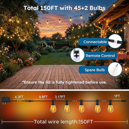 GvvooHome 150FT Outdoor String Light with S11 Plastic Bulbs, Low-Voltage LED Patio Light with App & Remote, Music Sync, 4 Lighting Modes, Dimmable & Waterproof for Backyard, Porch, Garden, Deck, Party