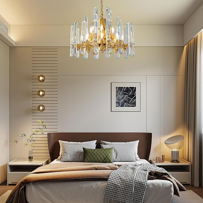 24" Modern Gold Crystal Chandelier, 12-Light Luxury Round Chandeliers for Dining Room, Living Room, Bedroom, Foyer, Entryway, Kitchen, Contemporary K9 Crystal Adjustable Chain Chandelier Light Fixture