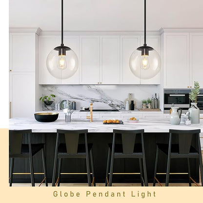 Bagood 10" Globe Pendant Light Black 2 Pack Mid Century Pendant Light Globe Pendant Lights Kitchen Island Matte Black Finished with Clear Glass Adjustable Ceiling Light Fixtures for Dining Room Bar