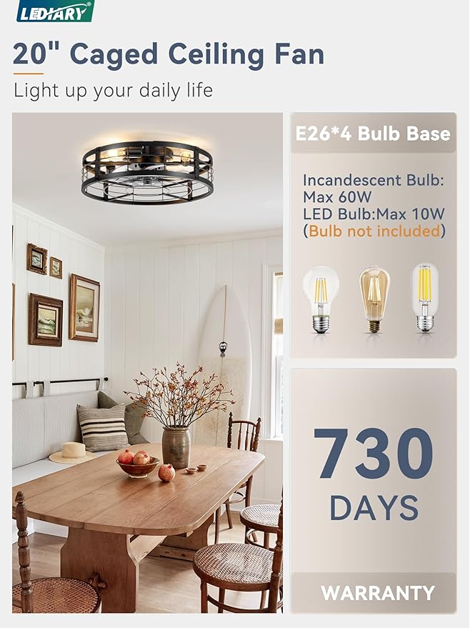 LEDIARY 20" Caged Ceiling Fan with Light and Remote, Low Profile Flush Mount Fandelier, Black Bladeless Enclosed Small Fan Lights Ceiling Fixtures, Rustic Farmhouse Style for Bedroom, Outdoor