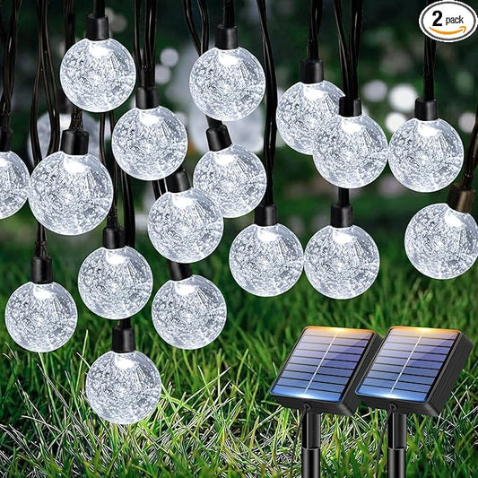 btfarm 2 Pack Solar String Lights Outdoor Waterproof, Total 98 FT 100 LED Solar Powered Patio Light, 8 Lighting Modes Crystal Globe Decoration for Garden Balcony Yard Porch Fence Party, Cool White