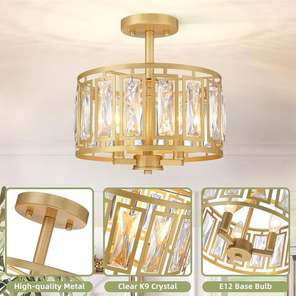 Gold Semi Flush Mount Ceiling Light, 3-Light Modern Brass Ceiling Fixture with K9 Crystals, Bedroom Light Fixture, Semi Flush Mount Ceiling Lights