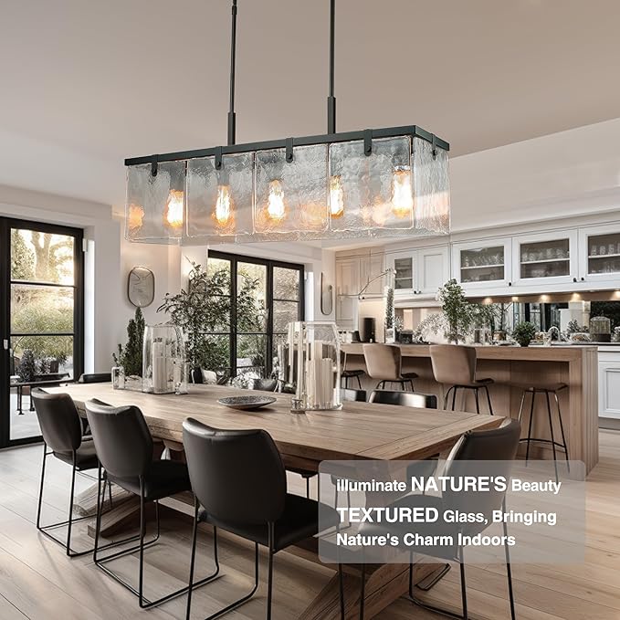 IKK Modern Textured Glass Chandeliers for Dining Room, 37" Rectangular Island Light Fixture, Rectangle Farmhouse Lighting for Kitchen Island, Living Room, L37 x W9.8 x H9.5
