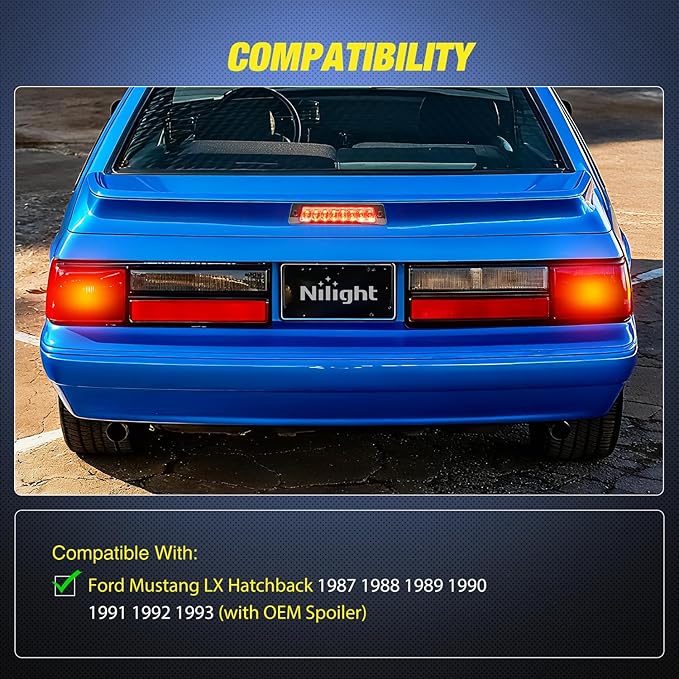 Nilight Third Brake Light Tail High Mount 3rd Stop Lights Smoked Lens Compatible with Ford Mustang LX Hatchback 1987 1988 1989 1990 1991 1992 1993 with Spoiler Version Pickup Truck Rear Center Cab