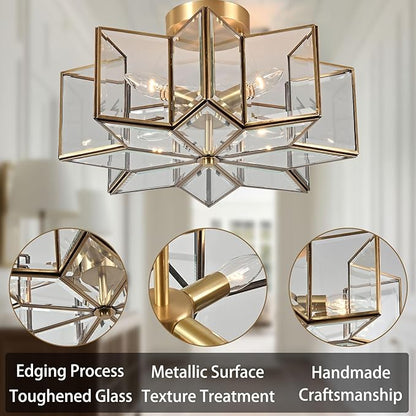 Milaii Star Semi Flush Mount Ceiling Light Fixture 16.3in Copper Brass Close to Ceiling Light Clear Glass 4-Light Hallway Lights for Kitchen Bedroom Foyer