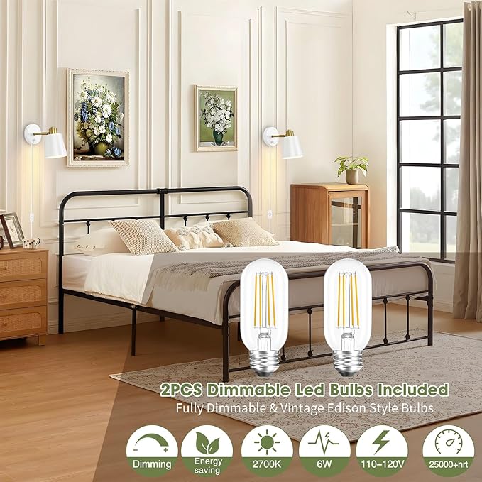 Lomoky Dimmable Wall Sconces Set of 2, Adjustable Angle Wall Lights with Plug in Cord and Dimmer On/Off Knob Switch, Hardwired Indoor White Wall Lamp for Bedside Bedroom Bathroom (2 Bulbs Included)