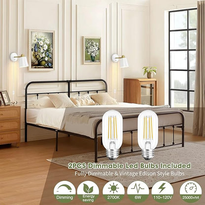 Lomoky Dimmable Wall Sconces Set of 2, Adjustable Angle Wall Lights with Plug in Cord and Dimmer On/Off Knob Switch, Hardwired Indoor White Wall Lamp for Bedside Bedroom Bathroom (2 Bulbs Included)