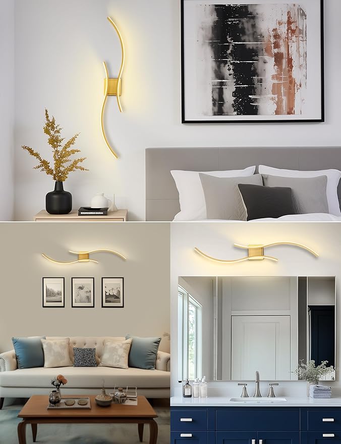 DORESshop Battery Operated Wall Sconces Set of 2, Modern Wireless Rechargeable Wall Lights with Stepless Dimming,3000k-6000K, Sconce Wall Decor for Living Room, Hallway, Bedroom, Gold 39in