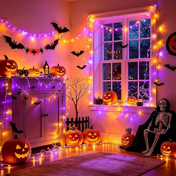 Pooqla Halloween Purple and Orange String Lights, 200 LED Green Wire Indoor and Outdoor Lights