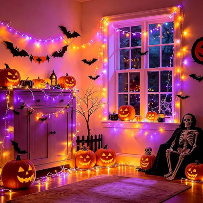 Pooqla Halloween Purple and Orange String Lights, 200 LED Green Wire Indoor and Outdoor Lights