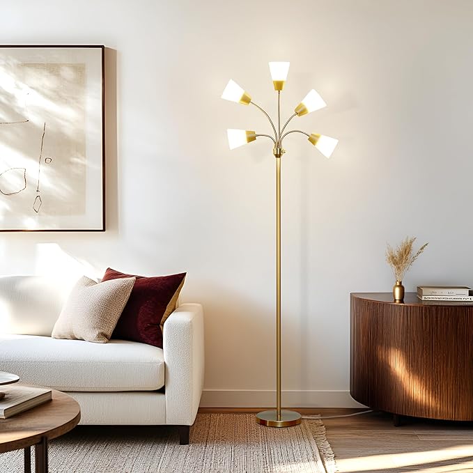 Brightech Medusa Modern LED Floor Lamp – Multi Head Floor Lamp for Living Rooms & Offices – Tall Lamp with Interchangeable Shade, Standing Lamp with 5 LED Bulbs for Hobbies - Brass