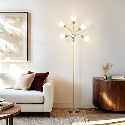Brightech Medusa Modern LED Floor Lamp – Multi Head Floor Lamp for Living Rooms & Offices – Tall Lamp with Interchangeable Shade, Standing Lamp with 5 LED Bulbs for Hobbies - Brass