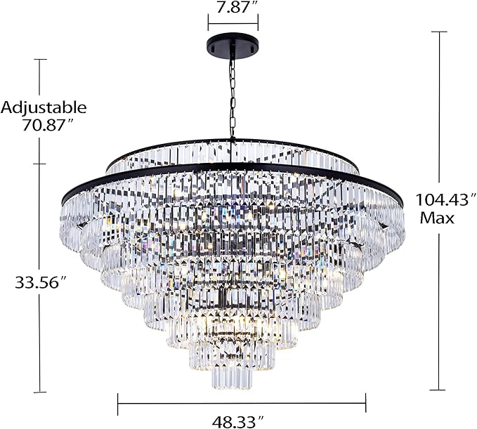 Wellmet Large Crystal Chandelier, 48’’ Black Farmhouse Chandelier, 9 Tier Luxury Crystal Pendant Light, for Living Room, Entryway, Dining Room, Hallway, Restaurant