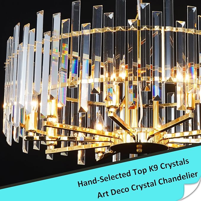 Gold Crystal Chandeliers for Dining Room, 27.6" Modern Round Chandelier Large Adjustable Height Ceiling Hanging Pendant Light Fixture for Dining Living Room Bedroom