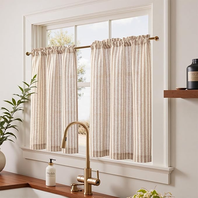 jinchan Striped Linen Kitchen Curtains 36 Inches Length Tier Curtains Farmhouse Modern Cafe Style Small Window Treatments Airy Light Filtering Rod Pocket for Living Room Bathroom 2 Panels Tan