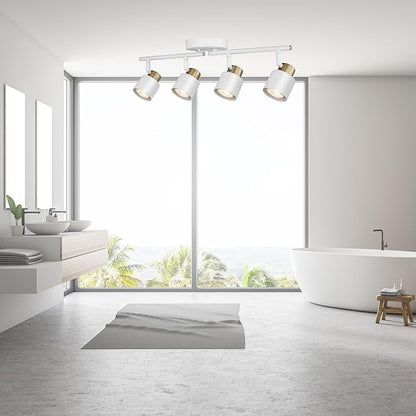 4 Light Track Lighting Kit, Matte White Brass Finish Adjustable with Modern Flush Mount Ceiling Spotlight for Kitchen,Dining,Living Room,Home Improvement