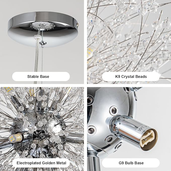 SineRise Modern Crystal Chandeliers Firework, Crystal Light Fixture, Dandelion Chandelier (12-Light, Chrome) for Foyer Hallway Entryway Kitchen Bedroom (Bulbs Not Included)