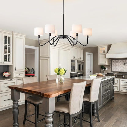 Modern Black 6-Light Chandelier, 39" Pendant Light with White Fabric Shade Adjustable Classic Chandelier Light Fixtures for Kitchen Island Dining & Living Room Entryway