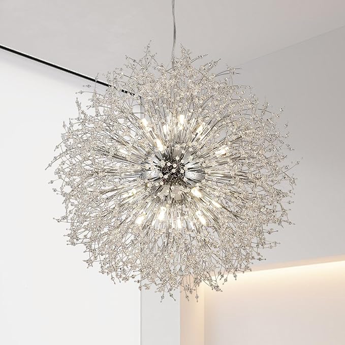 Large Sputnik Chandelier, Round Firework Hanging Lamp, Dandelion Farmhouse 24-Light, Modern Crystal Pendant Light Fixture for Living Room Kitchen Island Bedroom Dining Room (Chrome, D39.3inch)