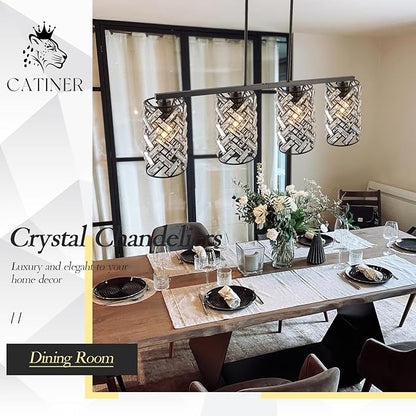 CATINER 40" Crystal Kitchen Island Lighting 4 Lights Modern Black Linear Chandelier Dining Room Light Fixture Over Table Luxury Ceiling Pendant Light Fixture