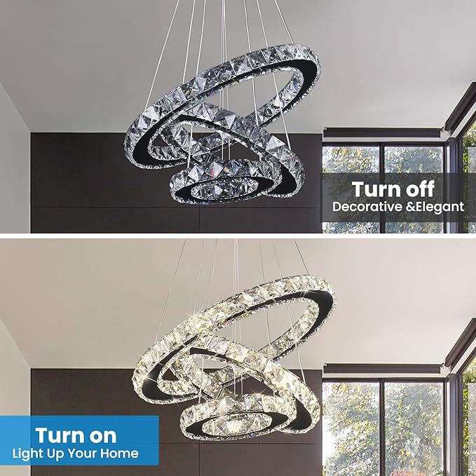 Modern Dimmable LED Chandelier 3 Rings Crystal Chandelier with Remote Stainless Steel Adjustable Pendant Light for Living Dining Room Bedroom