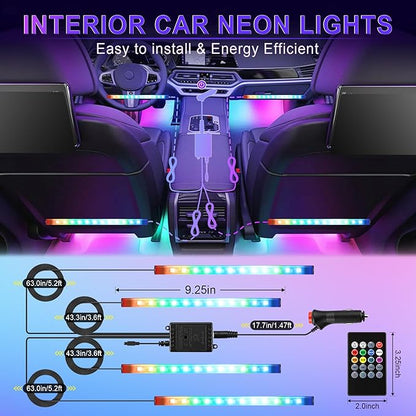LivTee Car Led Interior Lights，4pcs 48 LED Multicolor Music Car Interior Accessories Under Dash Lighting Waterproof Kit with Sound Active Function and Wireless Remote Control, Car Charger Included