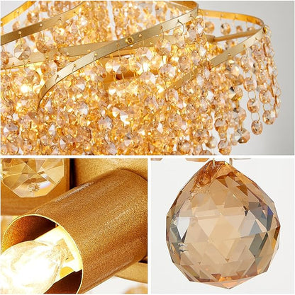 WUZUPS Golden-Hued Crystal Chandelier Pendant Flushmount Ceiling Light Modern Lighting Fixture for Bedroom Hallway Bar Kitchen Bathroom, H 20.1" x W 14.7", Gold, G9 Base