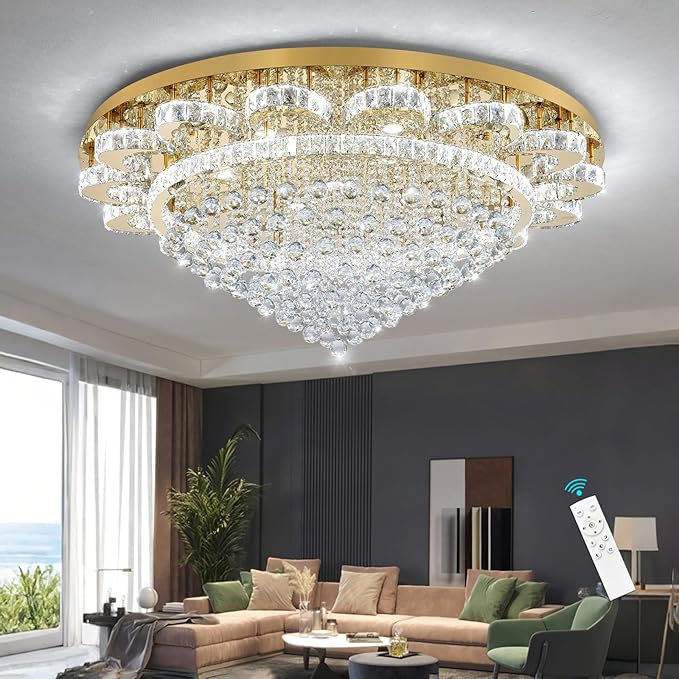 HAIXIANG Modern Chandelier Living Room Light Large Luxury Chandeliers for High Ceiling Foyer Entryway Lights Dimmable 110W LEDs Crystal Gold Lighting Fixtures