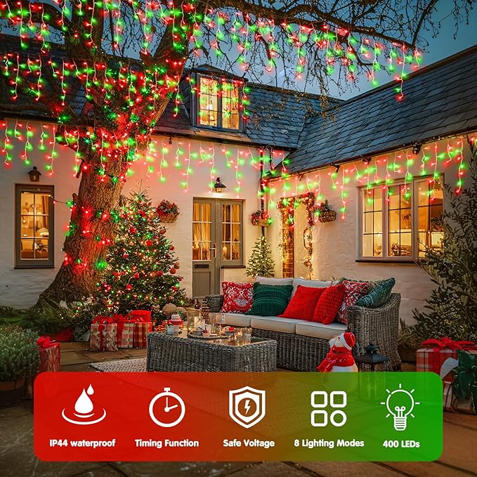JMEXSUSS 400 LED Red and Green Icicle Lights Outdoor, 38.8ft Christmas Icicle Lights Plug in, Hanging Outdoor Indoor for Christmas House Party Holiday Decorations
