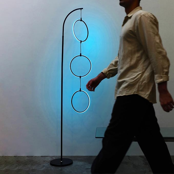 Brightech Nova Modern Color Changing Floor Lamp - LED Lamp with Stunning RGB Color Gradient and Contemporary 3-Circle Ring-Style Pendant - Corner or Over-The-Couch Arching Pole Standing Lamp - Black