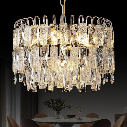 7-Light Crystal Gold Chandelier Modern 3-Tier K9 Crystal Round Light Fixture 16" Pendant Chandelier for Kitchen Island Dining Room Bedroom Foyer Entryway Hallway, E12