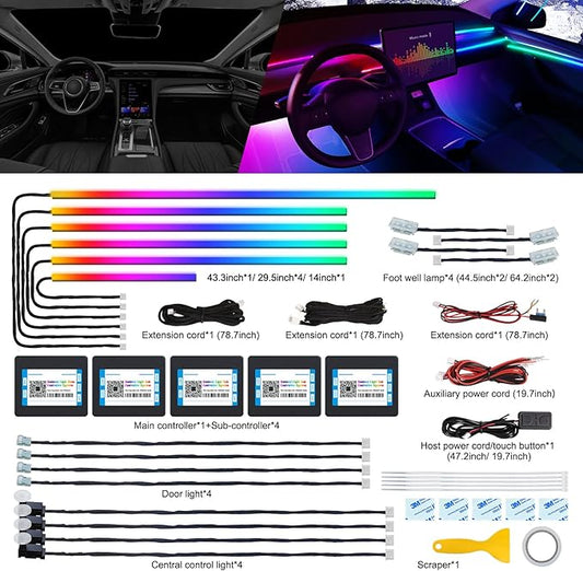 Dreamcolor Acrylic Interior Car LED Strip Light with Wireless APP, RGB 18 in 1 with 175 inches 600 LEDs Fiber Optic Car Ambient Lighting Kits, Dual Zone Sound Active Function LED Strip for Car