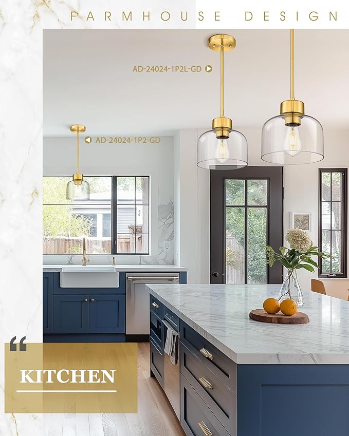 Gold Pendant Lights Kitchen Island, 8" Hanging Light Fixtures with Clear Glass Shade, Modern Brass Kitchen Pendant Lighting Over Island for Dining Room, AD-24024-1PL-GD