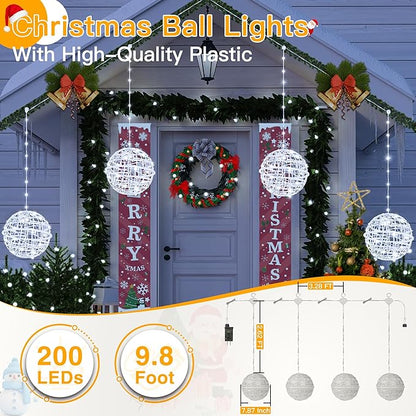 Ollny Christmas Lights Outdoor 4Pack 7.87inch, Cool White 200 LED Ball Light with Plug in Remote, 8 Modes IP67 Waterproof Connectable Sphere Tree Lights for Indoor House Yard Garage Decorations