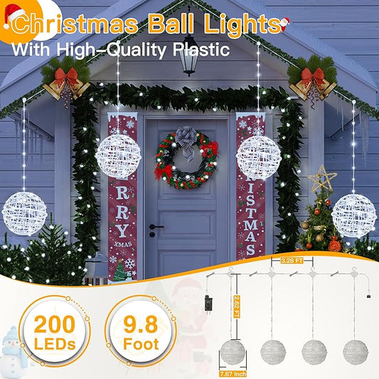 Ollny Christmas Lights Outdoor 4Pack 7.87inch, Cool White 200 LED Ball Light with Plug in Remote, 8 Modes IP67 Waterproof Connectable Sphere Tree Lights for Indoor House Yard Garage Decorations