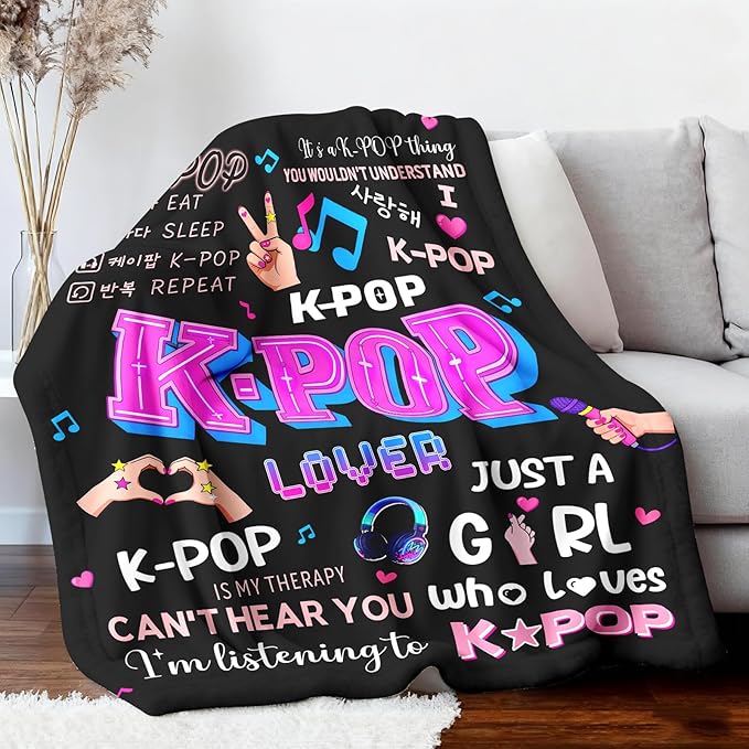 Kpop Gifts Blanket for Teen Girls - Music Gifts for Women Friends K-Pop Fans Lovers, Kpop Merch Stuff, Christmas Birthday Gifts for BFF Girls Women, Just A Girl Who Loves K-pop Blanket 60''x50''