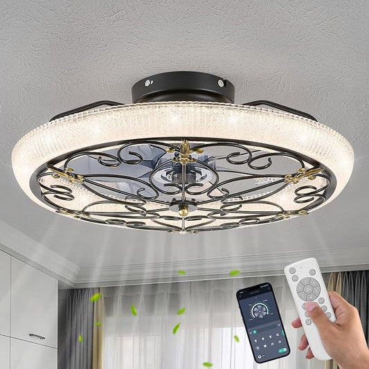 Black Caged Ceiling Fan with Lights Remote Control, 6 Speeds Rustic Industrial Ceiling Fan Light with Crystal Sand Lampshade for Kitchen Bedroom Living Room