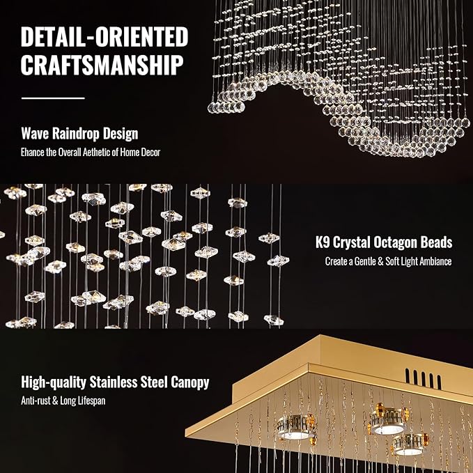 Siljoy Modern Crystal Chandelier 10-Light Rectangular Gold Wave Raindrop Pendant Flush Mount Ceiling Light for Dining Room Living Room Kitchen Island Bar L40'' x W11.8'' x H35.4''