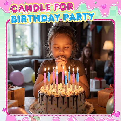Conelist 12 Pcs Ice Cream Themed Birthday Candles Pink Blue Birthday Decorations Cartoon Movie Cake Toppers for Ice Cream Themed Party Supplies