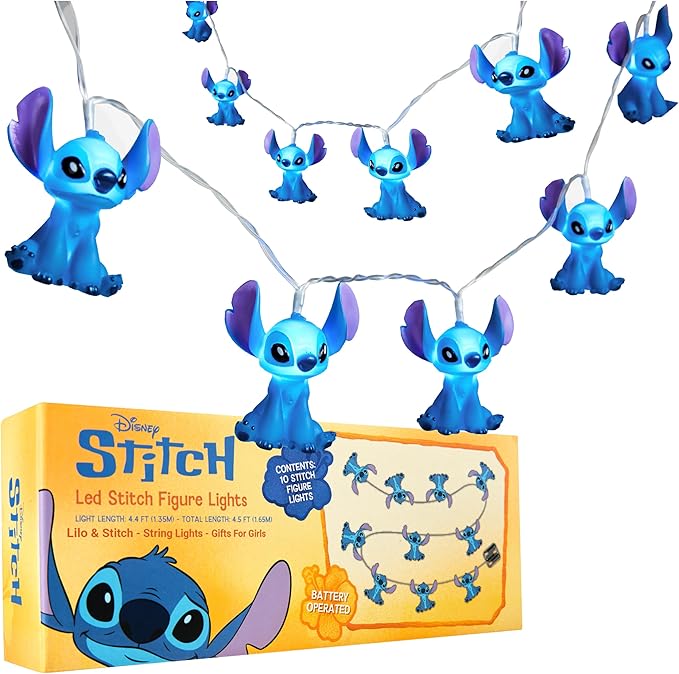 Disney Stitch LED String Lights for Kids, Teens, Adults, 10 Battery Operated Indoor 59” Fairy Lights, Room Decor Lighting, Gifts for Kids (Blue Stitch)