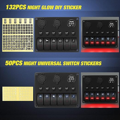 Nilight 6 Gang ON Off Rocker Switch Panel Red Backlit 12V 24V LED Digital Voltmeter 3.1A Dual USB Charger Cigarette Lighter Socket Overload Protection for Cars RVs Boats (90122F)