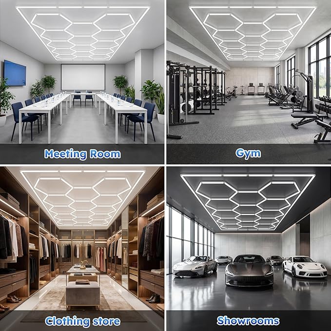 ALLYES Hexagon Garage Lights, LED Honeycomb Garage Lights, 538W 64560LM 6500K, 14 Grid Hexagon Light Set with Rectangle Frame for Workshop Showroom Detail Shop Gym