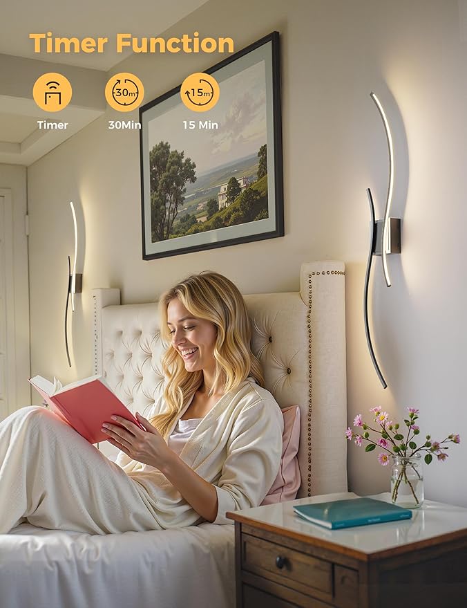 DORESshop Battery Operated Wall Sconces Set of 2, Modern Wireless Rechargeable Wall Lights with Stepless Dimming,3000k-6000K, Sconce Wall Decor for Living Room, Hallway, Bedroom, Black 39in