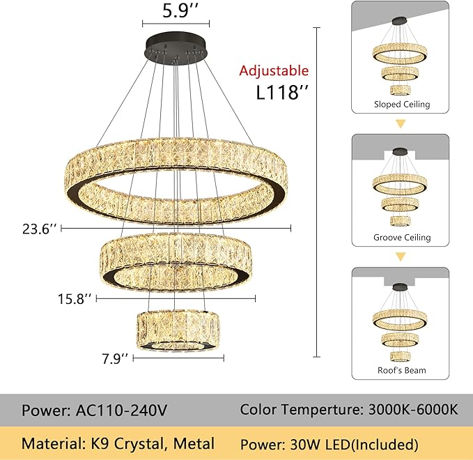 Modern Crystal Chandelier 36W Dimmable LED Ceiling Light Fixture with Remote Luxury Adjustable Pendant Light for Living Room Dining Room Black