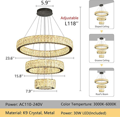 Modern Crystal Chandelier 36W Dimmable LED Ceiling Light Fixture with Remote Luxury Adjustable Pendant Light for Living Room Dining Room Black
