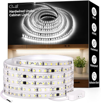 cambk 96inch Hardwired Under Cabinet Lighting for Kitchen, 6000K White Wired Undercounter Waterproof Led Strip Lights, Luces para Cocina Bajo Gabinete Under Shelf Lights